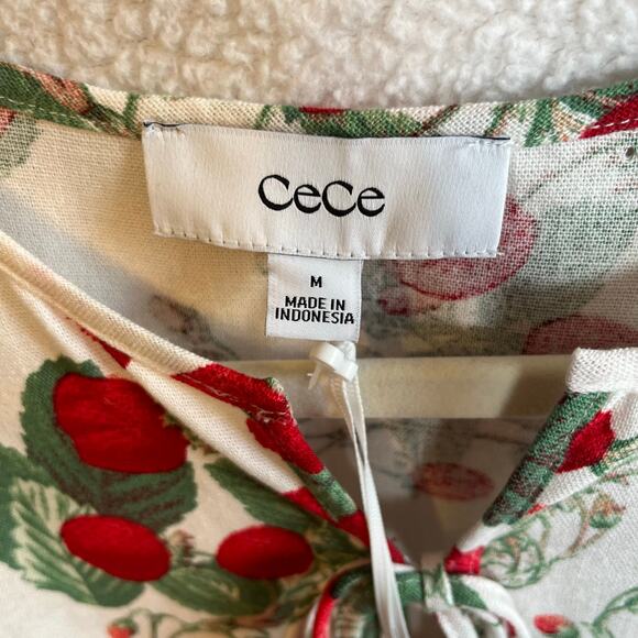 NEW Cece Woven Top Boho Blouse Shirt Linen Blend Red Green Strawberry print sz M - Picture 5 of 8